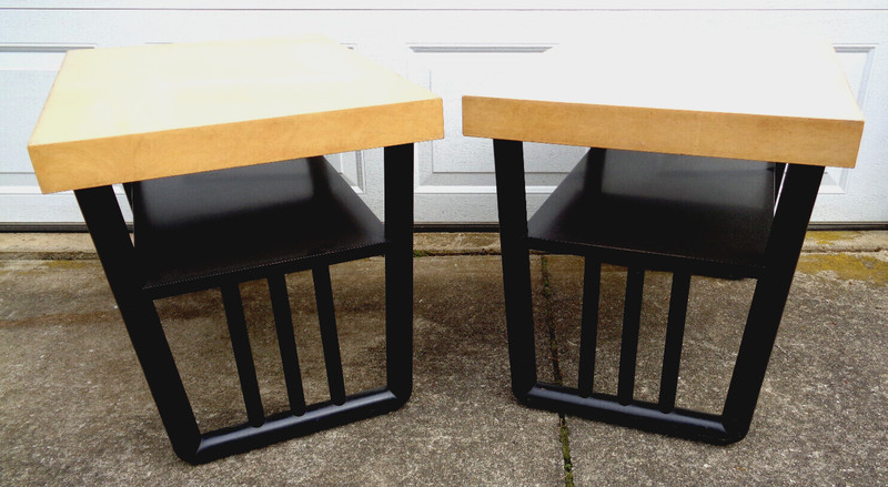PAIR OF 1940 PAUL FRANKL? SIDE TABLES, ART DECO BASE W/BIRDSEYE YELLOW TOPS.