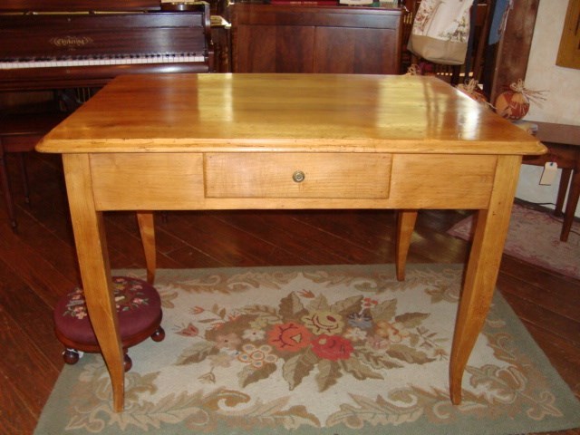 French Farm table or table desk with one drawer, fruit-wood, circa 1850, w 43in.