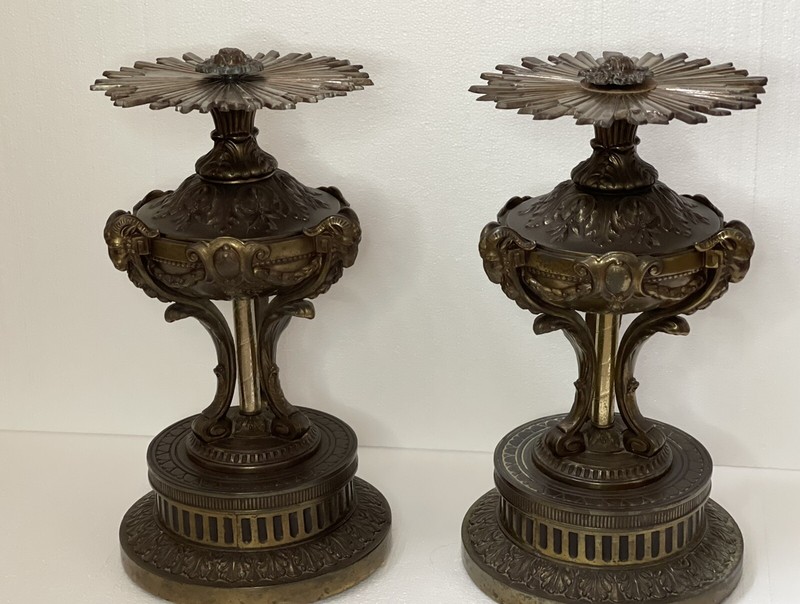 PAIR French Antique Bronze Spelter Rams Starburst Sunburst Pedestal Lamp Table