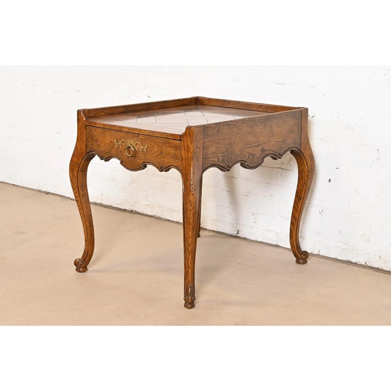 Baker Furniture French Provincial Louis XV Carved Oak and Burl Wood Tea Table