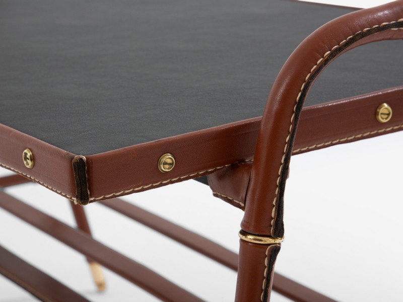 Jacques Adnet pique sellier red leather brass coffee table 1950 gallery