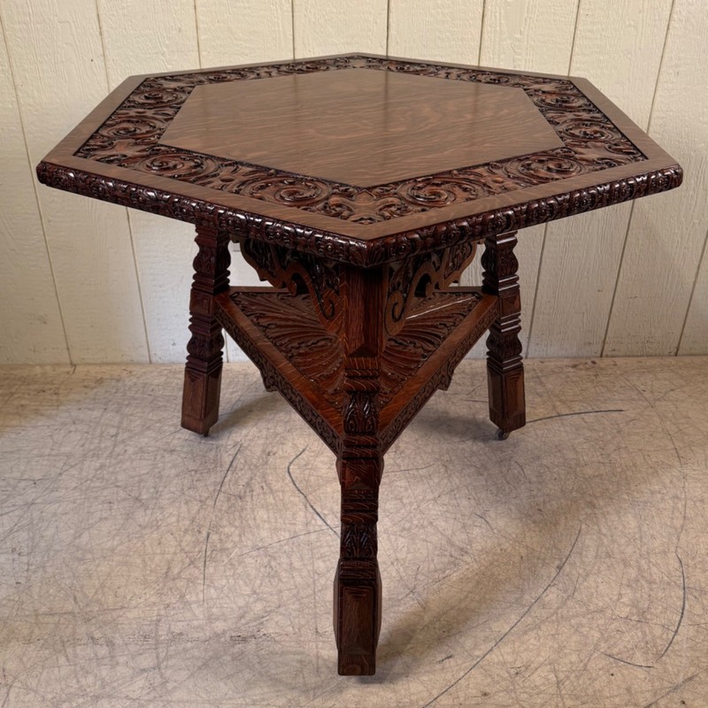 Antique Oak Hexagon Shaped Heavily Carved Lamp /Game Table