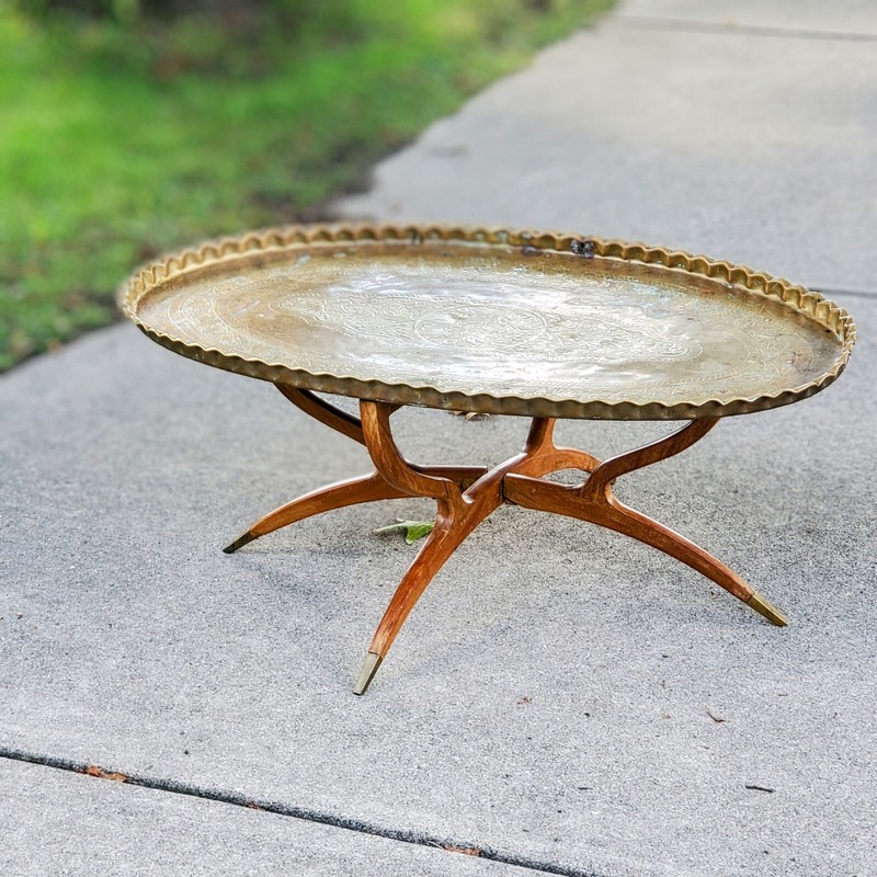 1960s Moroccan Teak and Hammered Etched Brass Oval Tray Spider Leg Coffee Table