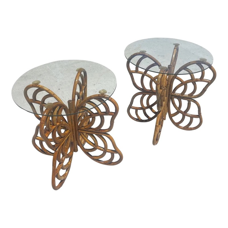 RARE! 2 Vintage Rattan Butterfly Side Tables, Boho-Chic Gems! USHIP delivery!