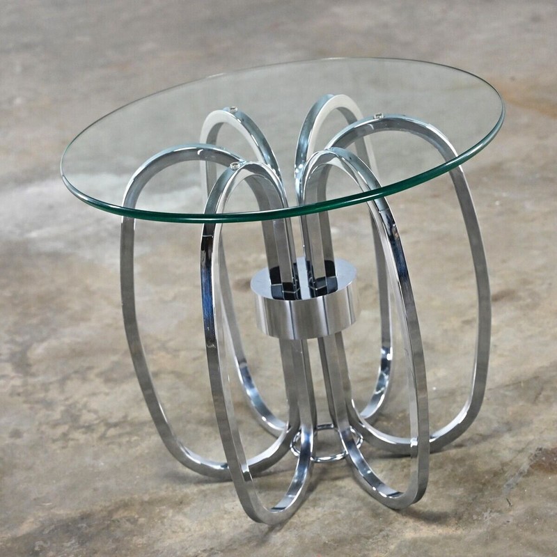 1970's Chrome Ring Glass Side Table By Milo Baughman Mid Century gallery