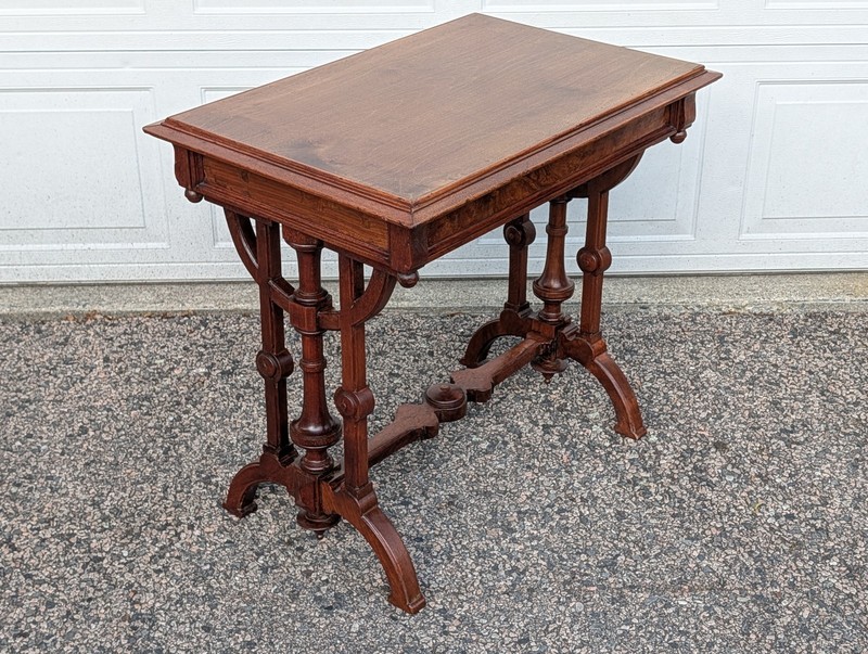 Antique Victorian Hallway Side or Parlor Table with Drawer, Walnut & Burl Trim gallery
