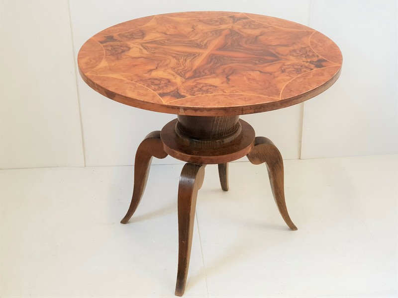 Vintage Side Table Gueridon Walnut Varnish Marquetry 1940s 1950s gallery