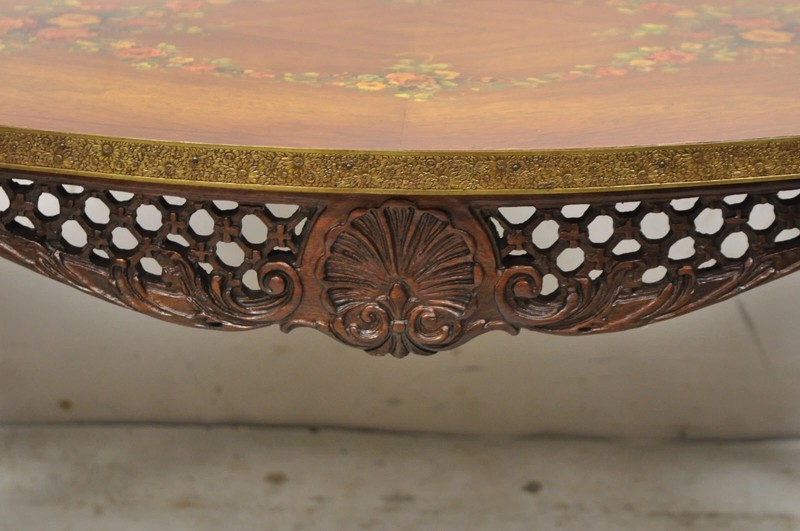 Vintage French Louis XV Style Walnut Coffee Table with Hand Painted Floral Top gallery