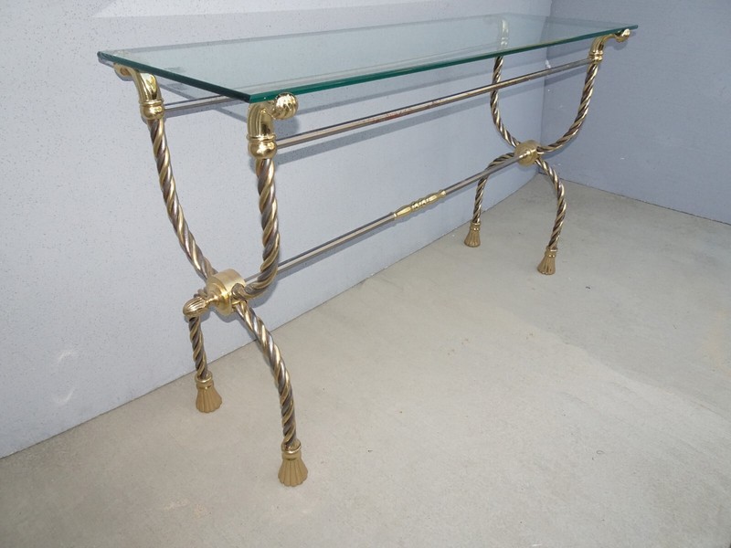 Vintage Brass Chrome Tasseled Twist Rope Sofa Side Table - Hollywood Regency gallery
