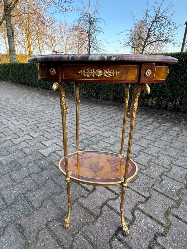 Table French Louis XVI Mahogany Bronze Marble Top Oval Side 1980 gallery