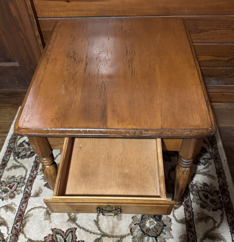 Vintage Wood Side Table With Drawer 22” X 26” X 20 3/4” gallery