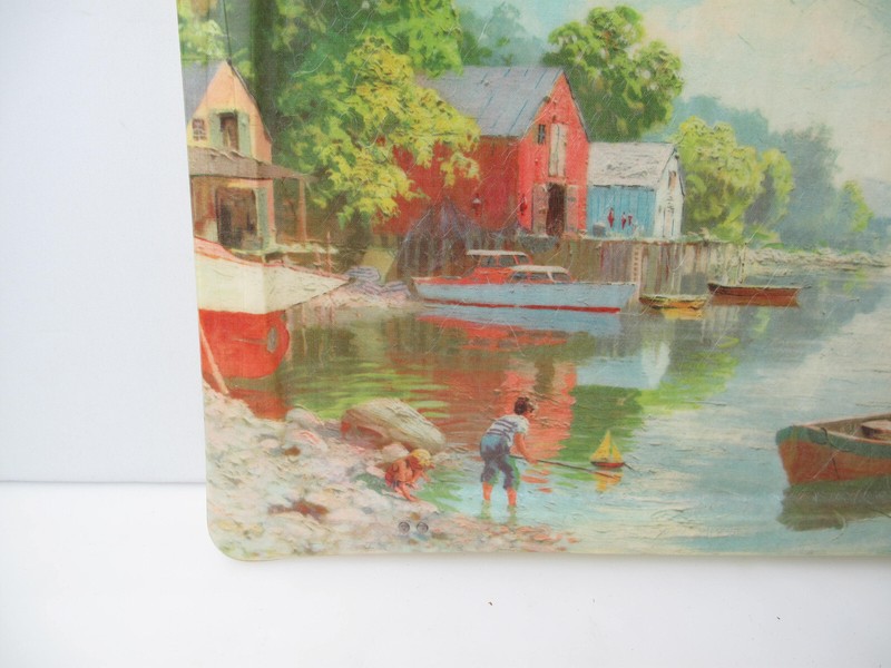 Quaker Industries vintage snack table fiberglass barn country scene tray restor gallery