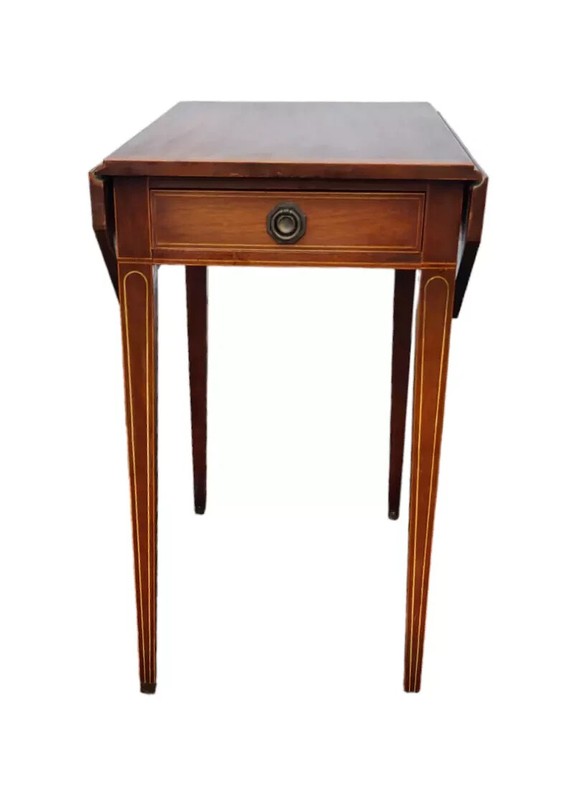 Antique Sheraton Mahogany One Drawer Pencil Inlay Drop Leaf Side Table 27” High