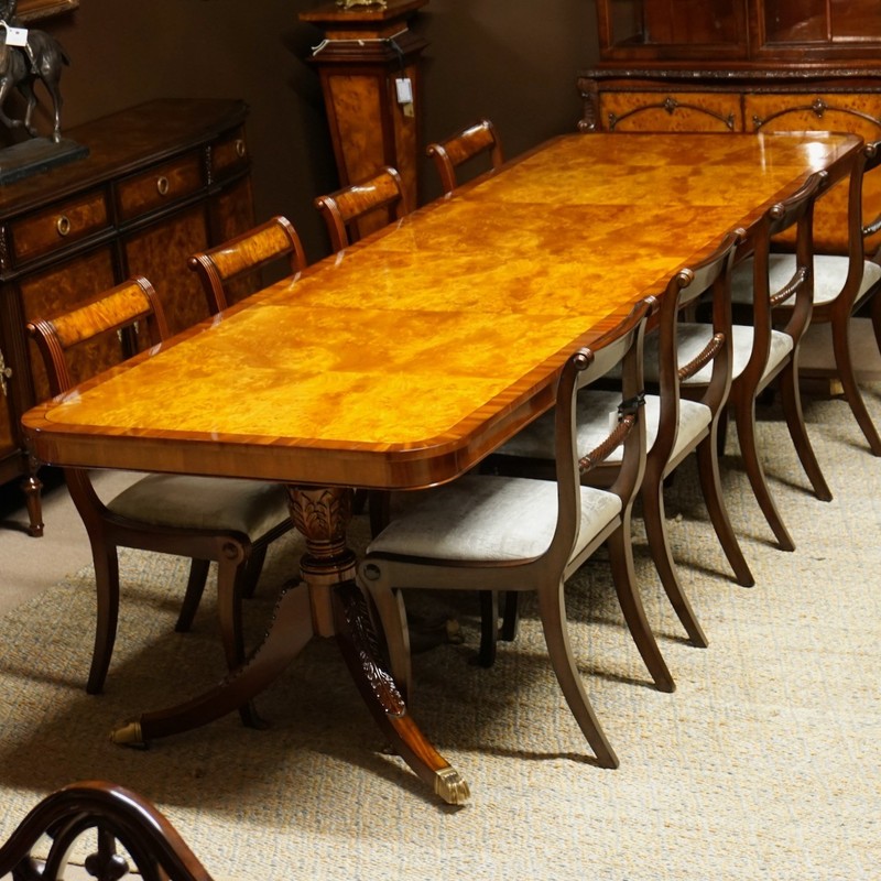 9′ traditional mahogany with burl 2 pedestal formal dining table