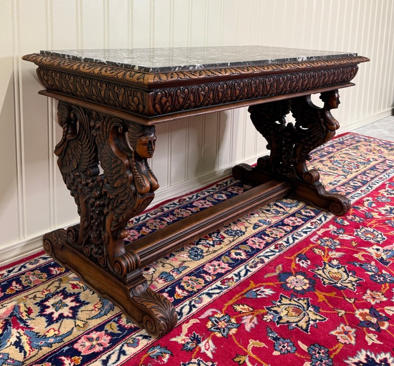 Antique French Coffee Table Bench Window Seat Marble Top Oak Renaissance Revival gallery