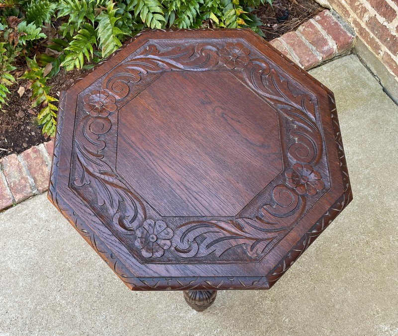 Antique French Octagonal Table Renaissance Revival Carved Oak 19th C gallery