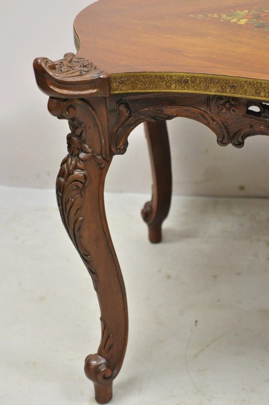 Vintage French Louis XV Style Walnut Coffee Table with Hand Painted Floral Top gallery