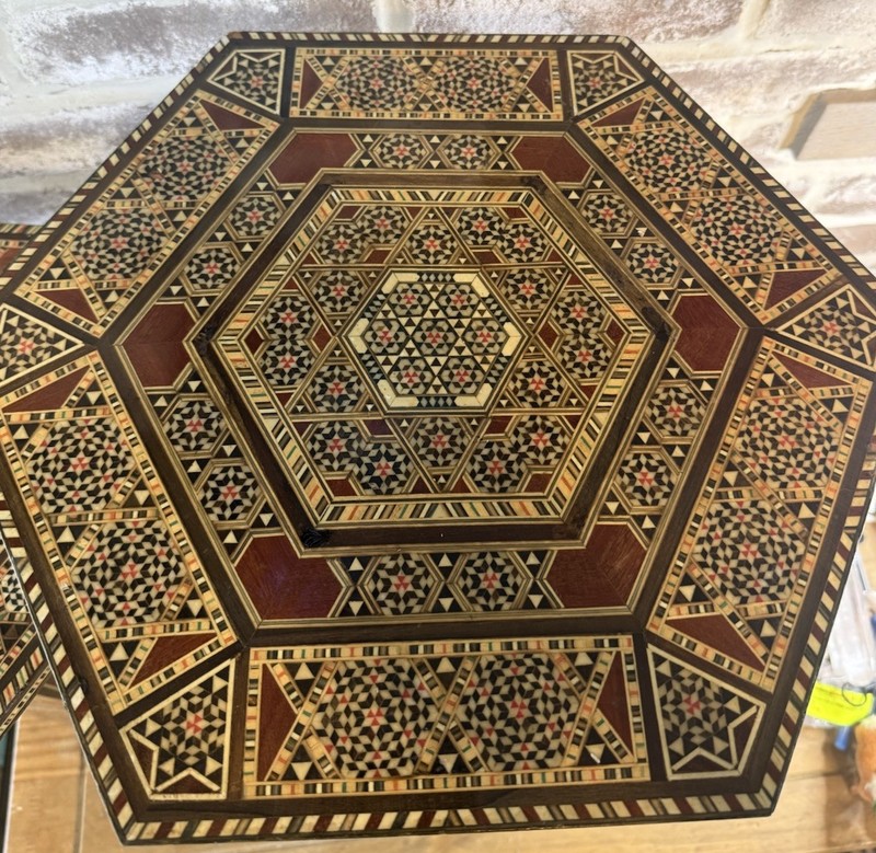 Antique Set 2 WUNDERLY VINTAGE SYRIAN INLAID MOROCCAN Wood Side TABLES Or Stands gallery
