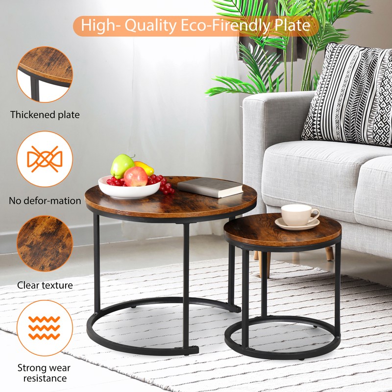 Industrial Round Coffee Table Set of 2 Nesting End Tables for Small Spaces Brown gallery