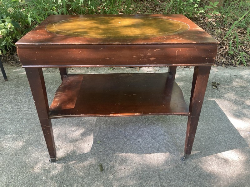 Antique Wooden Side Table with Casters and Lower Shelf, Brown Finish