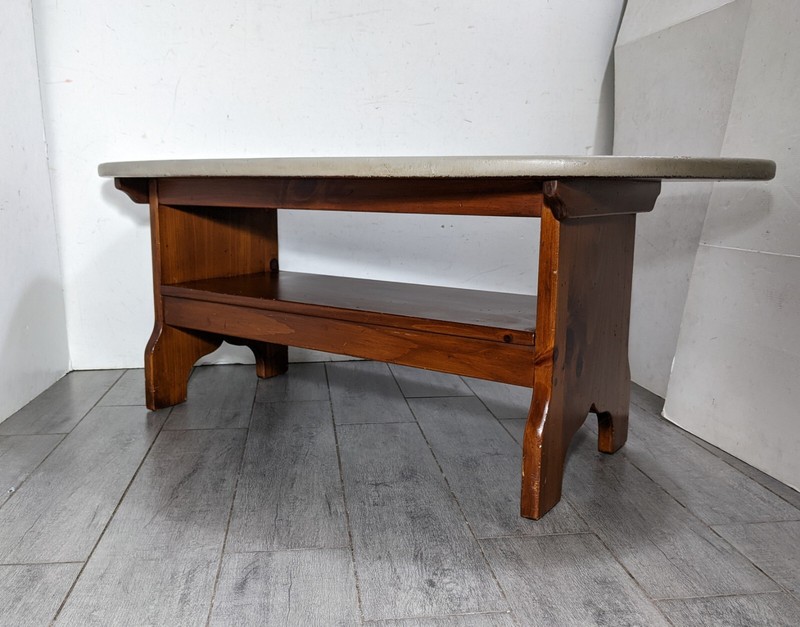 Vintage Ethan Allen Rustic Farmhouse Pine Wood Oval Coffee Table Painted Top gallery