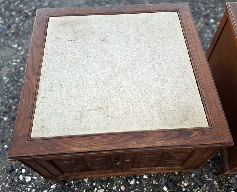 Gorgeous Mid Century Walnut? Set End Tables With Travertine Top VTG HTF Has Flaw gallery