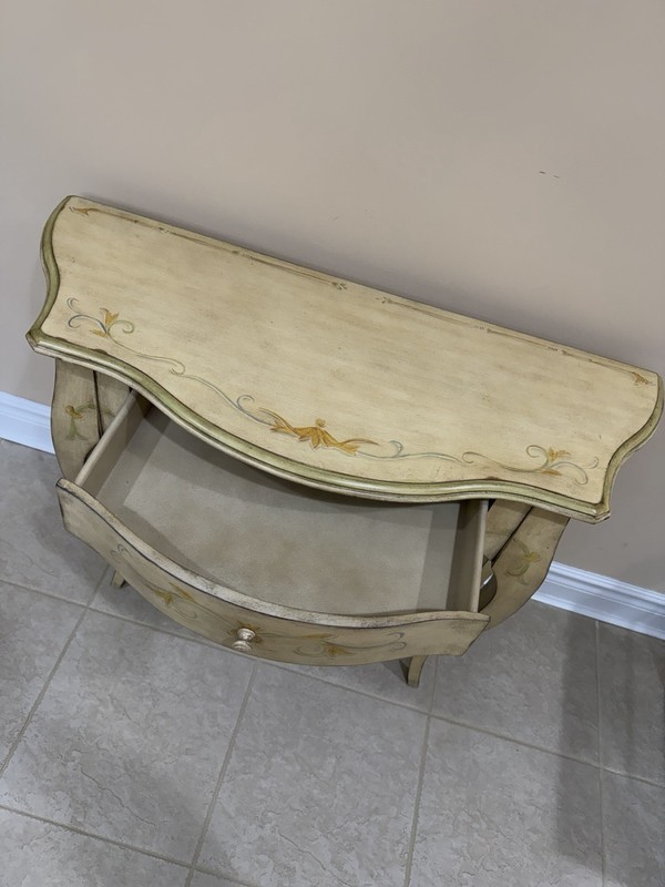 Antique French Country Console Table Wood Curved Beige Gold Carvings Drawer gallery