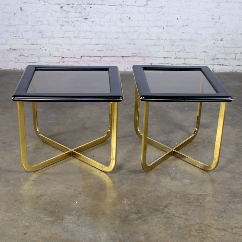 Modern End Side Tables 1 Rectangle 1 Square Glass Inset Tops & Brass Plate Bases gallery