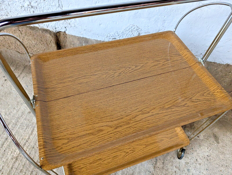 Dinette Serving Cart Tea Cart Table Side Table Oak Bar Chrome 70s WOW gallery
