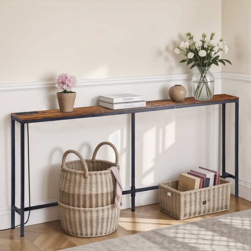70 Inch Console Table with 2 Outlet and 2 USB Ports w/ Metal Frame RusticBrown