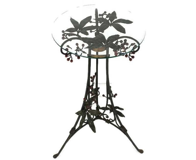 Wrough Iron Table Grapes Cast Iron Gorgeous Art Deco Side Table Pedestal Beveled