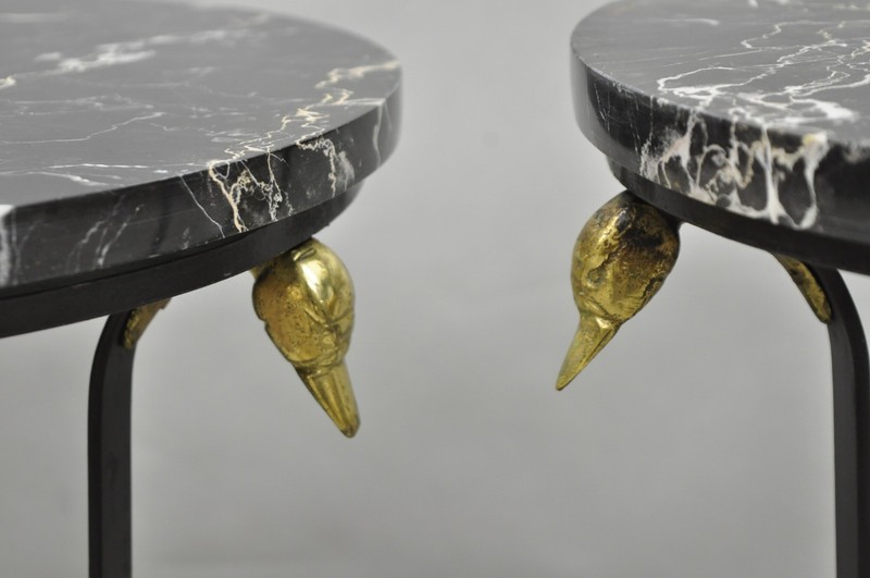 Italian Regency Round Marble Top Wrought Iron Brass Swan Low Drink Table - Pair gallery
