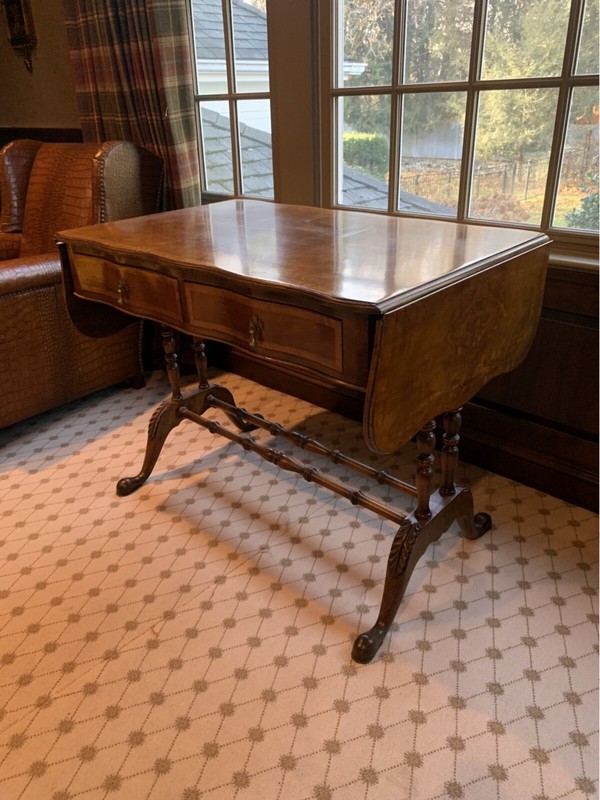 Antique English Regency Burl Walnut Two-Drawer Drop Leaf Sofa Table