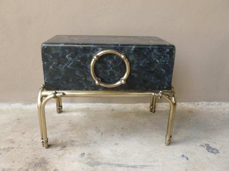 CHIC VINTAGE ATTRIB. KARL SPRINGER FAUX PAINTED MARBELIZED TRUNK W BRASS STAND