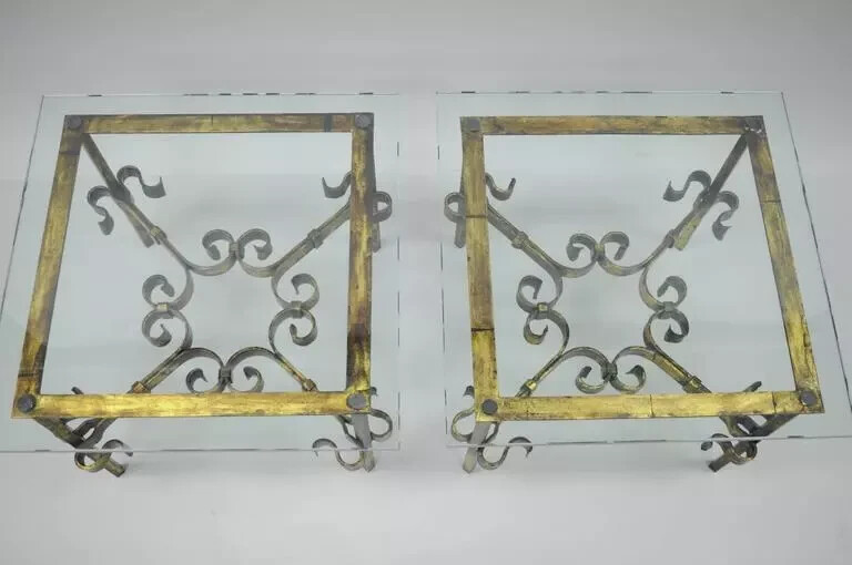 Vintage Spanish Hollywood Regency Gold Gilt Iron Square Glass End Tables - Pair gallery