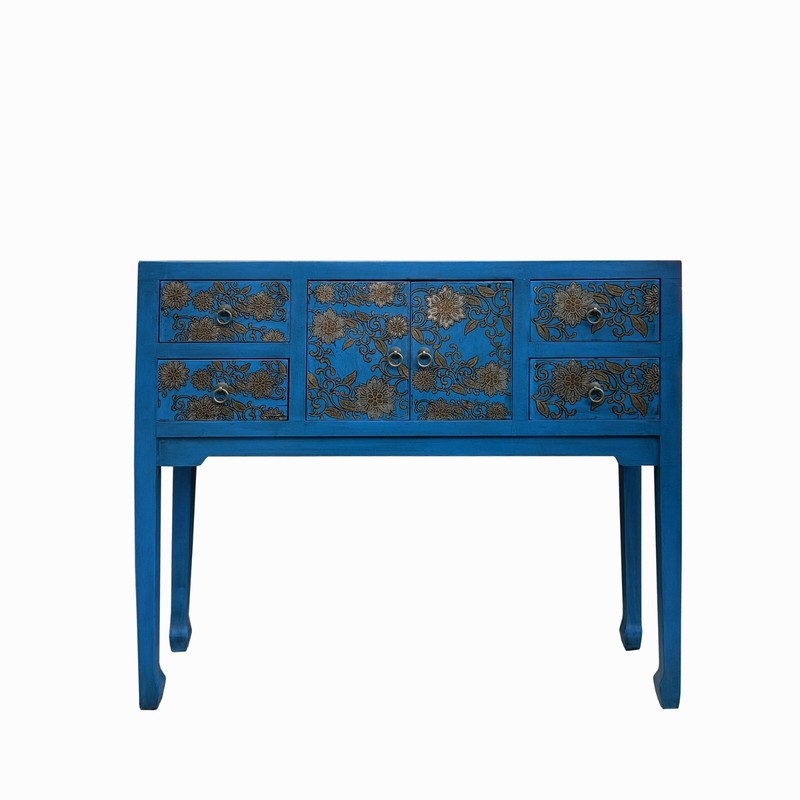 Blue Lacquer Golden Flower Graphic Drawers Slim Foyer Side Table cs7732