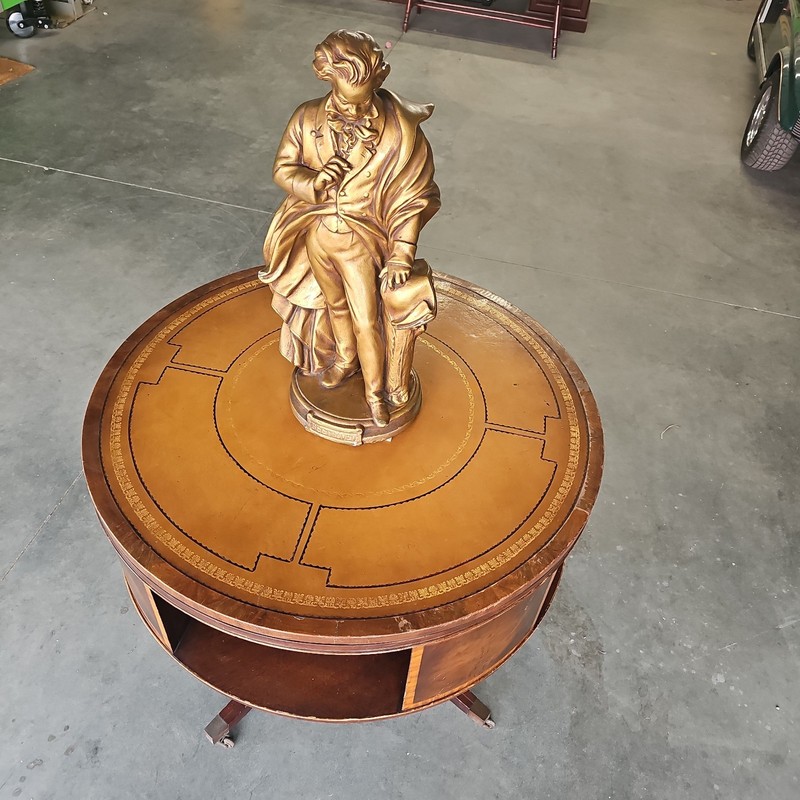 Antique-style Duncan Phyfe drum table W/ a circular leather-inlaid top gallery
