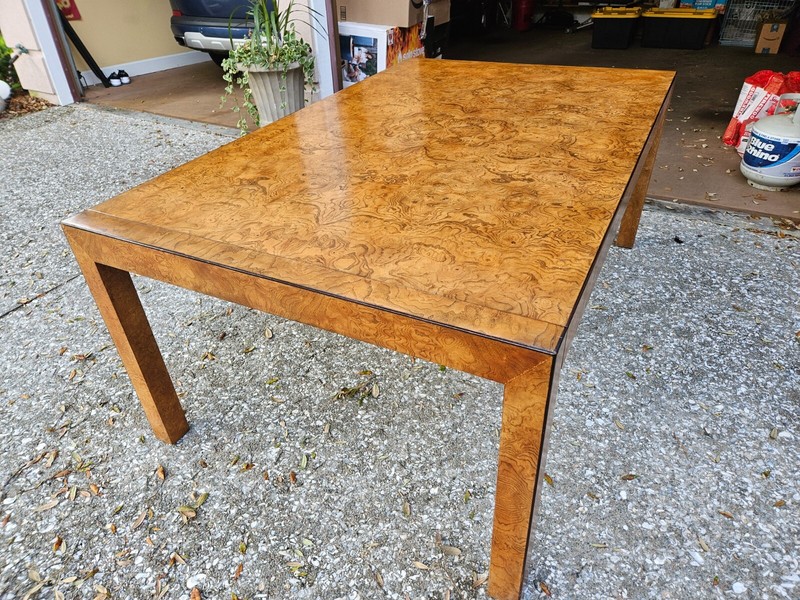 John Widdicomb Mid-Century Modern Burl Wood Expandable Parsons Dining Table Used gallery