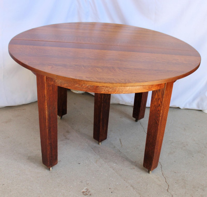 Antique Gustav Stickley Round Mission Oak Dining Table – with 4 leaves gallery