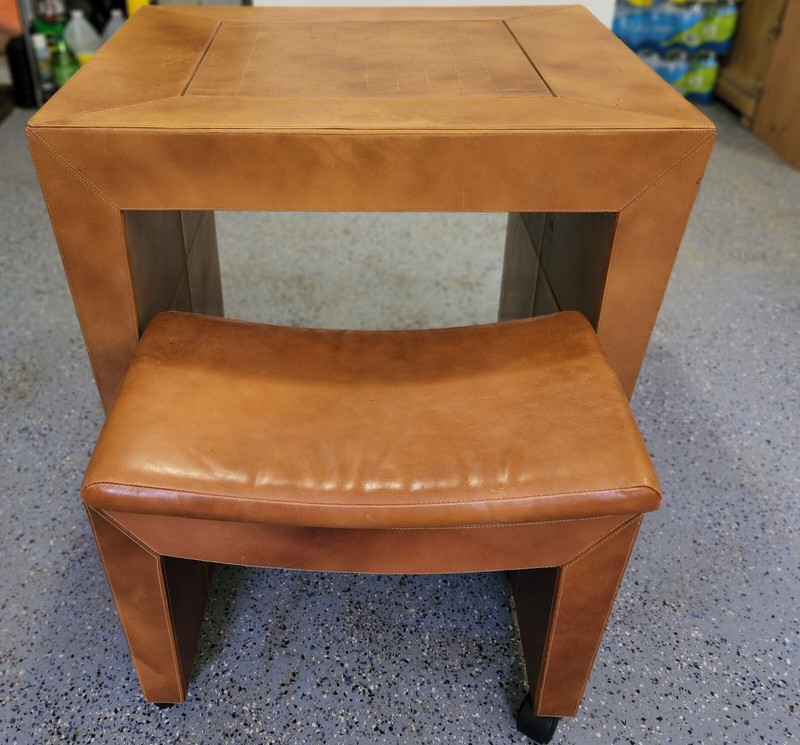 Vintage Leather Chess/ Backgammon, Checker Game Table, & Matching Leather Stool!