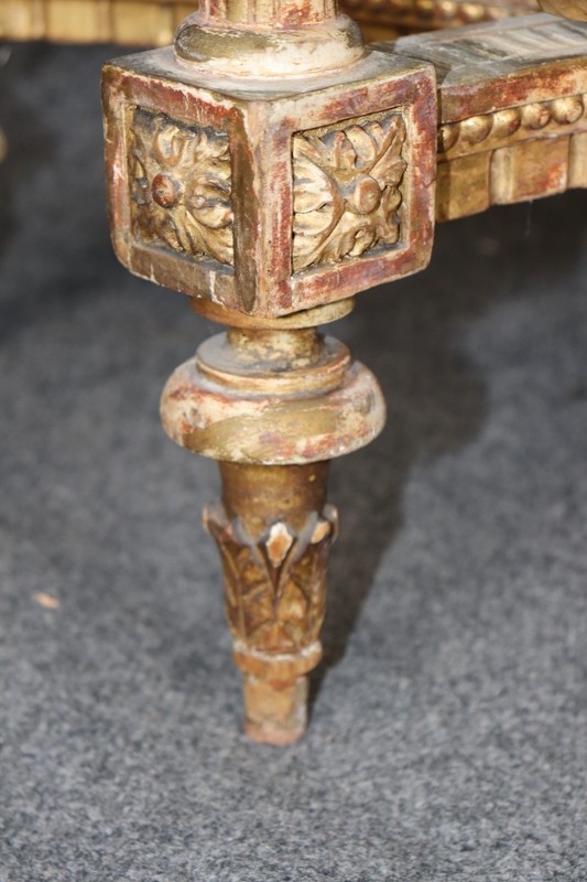 19th Century French Louis XVI Style Distressed Demilune Marble Top Console Table gallery