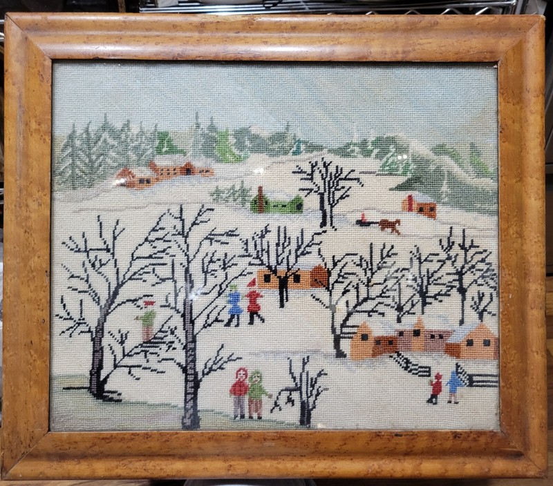 AMAZING Americana Folk Art Antique Table with Grandma Moses style Woven Picture