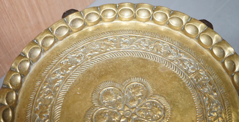 VERY RARE CIRCA 1920-1940 PERSIAN MOROCCAN BRASS TOPPED FOLDING OCCASIONAL TABLE gallery