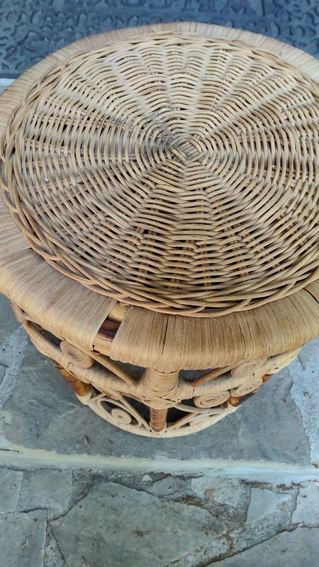 VTG MCM Round Rattan Wicker Bamboo Side Table/Plant Stand/Stool 16" x12" gallery