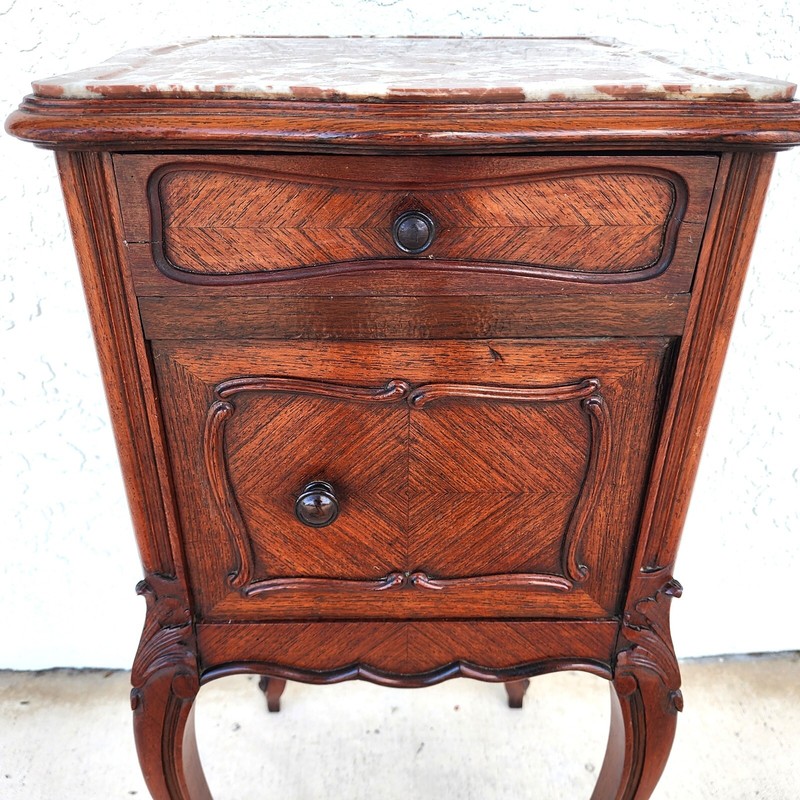 French Bedside Cabinet End Table Walnut & Marble gallery