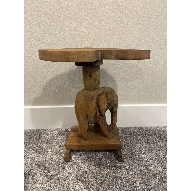 Vintage Artisan Hand Carved Wooden Elephant Side Table Or Plant Stand 16” Boho