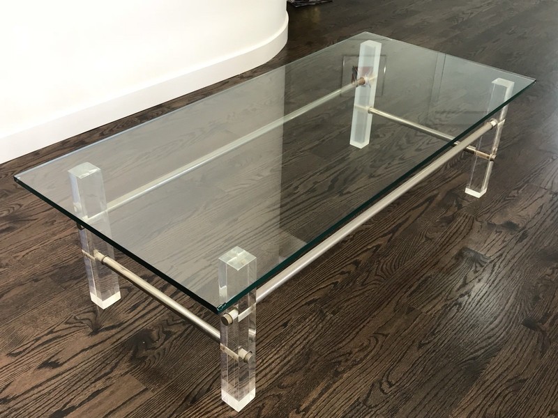 Mid Century Lucite & Metal Frame Rectanglular Glass Coffee Table gallery