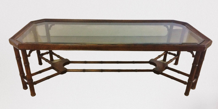 1970s Chinese Chippendale Faux Bamboo Smoked Glass Wood Coffee Table Vtg Drexel?