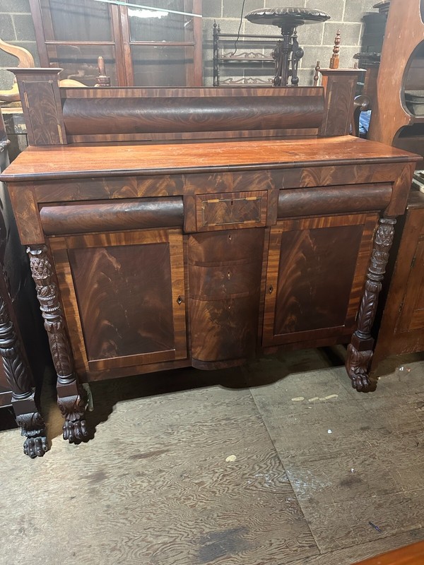 Antique Classical Empire flame mahogany server sideboard 1820 paw foot inlaid gallery