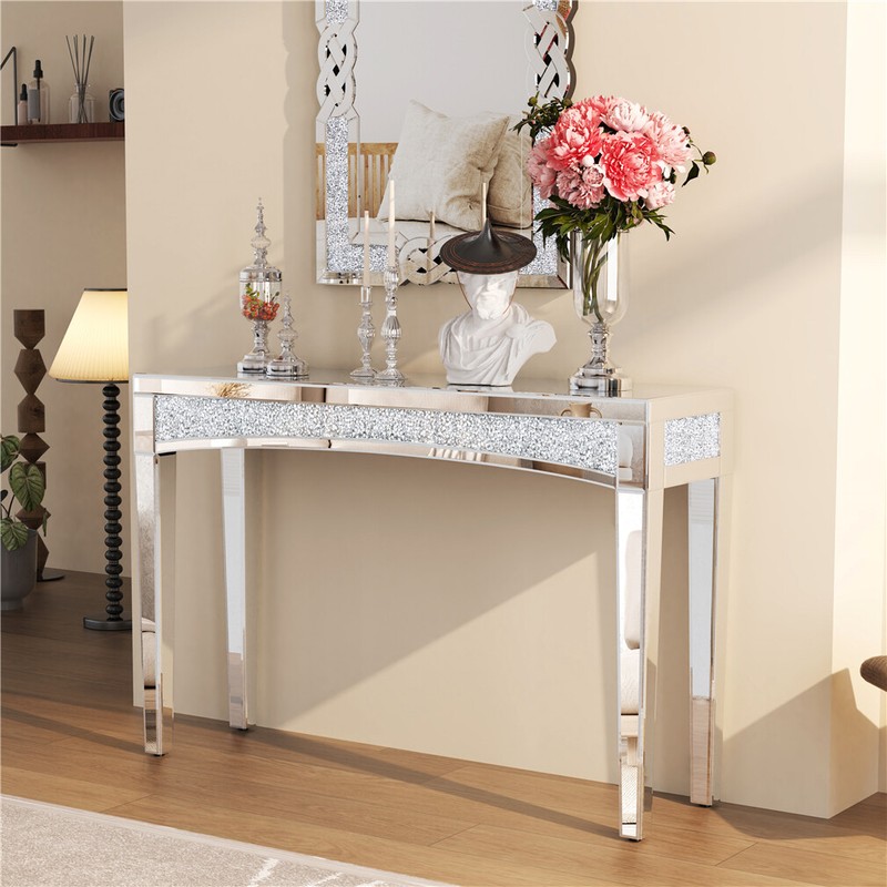Dazzling Mirrored Console Table Silver Crushed Diamond Vanity Entryway Table Dec gallery